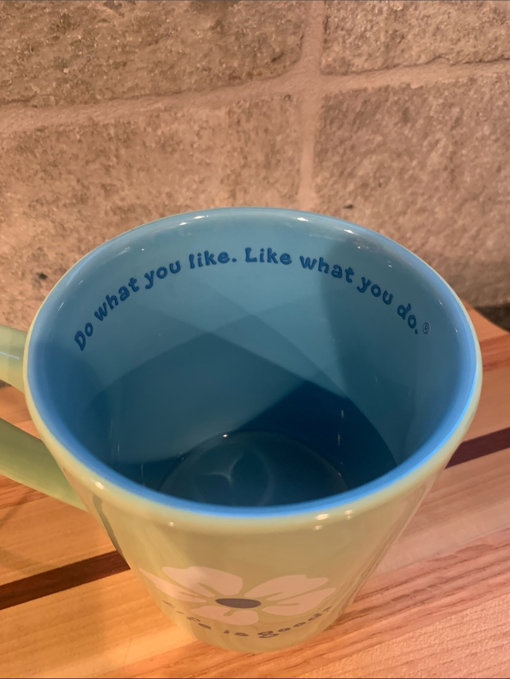 Life Is Good Light Green Ceramic Mug with Blue Interior and White Flower - Picture 3 of 7